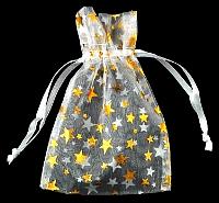 RO33WG: White organza pouch with Gold Stars 2.75 x 3