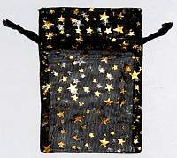 RO33BG:  Black Organza Pouch, gold stars 2.75 x 3